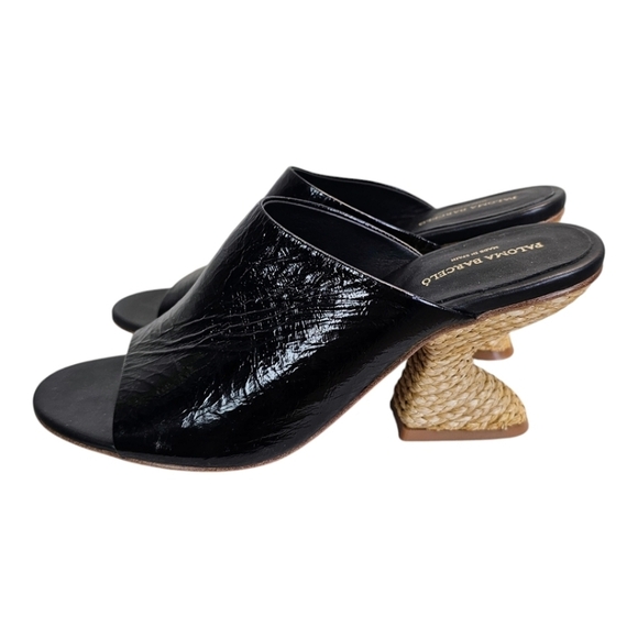 Paloma Barceló Black Calf Leather Open Toe Sandals Raffia Heel 39 Quiet Luxury - Picture 6 of 12